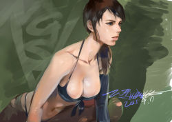 Rule 34 | 1girl, amatiz, bikini, black gloves, black hair, breasts, cleavage, collarbone, elbow gloves, front-tie bikini top, front-tie top, gloves, long hair, metal gear (series), metal gear solid v: the phantom pain, pantyhose, ponytail, quiet (metal gear), single glove, solo, swimsuit, torn clothes, torn pantyhose
