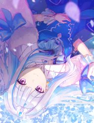Rule 34 | 1girl, absurdres, bad id, bad pixiv id, blue bow, blue dress, blue flower, blunt bangs, blurry, bow, cape, cino (amairoka), commentary, dress, earrings, feather earrings, feathers, floral background, flower, hand on own stomach, highres, huge filesize, jewelry, lize helesta, lize helesta (3rd costume), looking at viewer, lying, nijisanji, on back, petals, purple eyes, smile, solo, upper body, upside-down, virtual youtuber, white cape, white hair, wrist cuffs