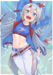 Rule 34 | 1girl, animal ears, arms up, blue eyes, blue sports bra, border, ear covers, fang, grey hair, hair between eyes, hairband, headband, highres, horse ears, horse girl, horse tail, iam (tetsu0ekaki), jacket, knees up, long hair, long sleeves, looking at viewer, midair, midriff, navel, open clothes, open jacket, open mouth, red footwear, red hairband, shirt, smile, solo, sports bra, tail, tamamo cross (umamusume), thunder, two-tone hairband, umamusume, white border