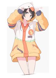 Rule 34 | 1girl, absurdres, animal hood, black hair, commentary, cropped legs, drawstring, green eyes, grin, hands up, highres, hololive, hood, hoodie, jacket, long sleeves, looking at viewer, nishiki yuno, oozora subaru, short hair, simple background, sleeves past wrists, smile, solo, virtual youtuber, white background, yellow jacket