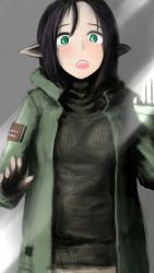 Rule 34 | 1girl, against glass, black hair, black sweater, blush, domo-kun, elf, green eyes, grey background, highres, jacket, looking at viewer, military jacket, open mouth, original, patch, pointy ears, ribbed sweater, sate, shoulder patch, sleeves past wrists, solo, sweater