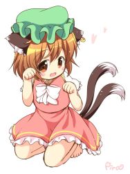 Rule 34 | 1girl, :3, :d, animal ears, barefoot, brown eyes, brown hair, cat ears, cat tail, chen, earrings, fang, full body, green hat, hat, heart, jewelry, kneeling, mob cap, multiple tails, nekomata, open mouth, paw pose, pila-pela, seiza, short hair, short sleeves, simple background, single earring, sitting, smile, solo, tail, touhou, two tails, white background