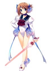 Rule 34 | 1girl, amazuyu tatsuki, arm at side, blue eyes, blush, bow, bowtie, breasts, brown hair, circlet, closed mouth, collar, collarbone, covered navel, folded ponytail, frilled skirt, frilled sleeves, frills, full body, gem, glowing, glowing sword, glowing weapon, hair ornament, hand on own hip, high heels, highleg, highleg leotard, highres, holding, holding sword, holding weapon, jewelry, juliet sleeves, komaki manaka, layered skirt, legs, leotard, light smile, long sleeves, looking at viewer, medium breasts, miniskirt, parted bangs, puffy long sleeves, puffy sleeves, red bow, red bowtie, red gemstone, sailor collar, see-through, shoes, short hair, showgirl skirt, skirt, sleeves past wrists, smile, solo, standing, swept bangs, sword, to heart (series), to heart 2, to heart 2 dungeon travelers, transparent background, weapon, white footwear, white leotard
