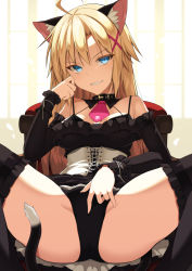 Rule 34 | 1girl, ahoge, animal ear fluff, animal ears, arm warmers, backlighting, bare shoulders, black bra, black dress, black panties, black thighhighs, blonde catgirl (ohta yuichi), blonde hair, blue eyes, bra, breasts, cat ears, cat girl, cat tail, cleavage, clothes lift, corset, detached collar, dress, dress lift, frilled thighhighs, frills, highres, large breasts, long hair, looking at viewer, necktie, ohta yuichi, original, out of frame, panties, parted lips, slit pupils, smile, solo focus, spread legs, tail, thighhighs, thighs, underwear, very long hair