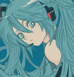 Rule 34 | 1girl, ahoge, aqua eyes, aqua hair, aqua necktie, blue background, bright pupils, closed mouth, commentary, detached sleeves, hair between eyes, hair ornament, hatsune miku, head tilt, headset, long hair, looking at viewer, necktie, paper texture, pikurusu, portrait, solo, symbol-only commentary, twintails, vocaloid