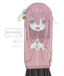 Rule 34 | 1girl, black skirt, blue eyes, blush, bocchi the rock!, cowboy shot, cube hair ornament, gotoh hitori, hair between eyes, hair ornament, highres, hougetsu (moon neetcat), jacket, long hair, long sleeves, looking at viewer, one side up, open mouth, own hands together, pink hair, pink jacket, pleated skirt, request inset, simple background, skirt, smile, solo, standing, steepled fingers, sweatdrop, track jacket, translation request, white background