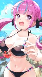 Rule 34 | 1girl, @ @, ^^^, absurdres, ahoge, bikini, black bikini, black bow, blue bow, blue hair, blue nails, blue sky, blunt bangs, blurry, blurry background, bow, braid, breasts, cleavage, cloud, cloudy sky, colored inner hair, crab, fingernails, glitter, groin, hair bow, highres, hololive, kudoukudokudo, large breasts, light blue hair, long fingernails, long hair, minato aqua, multicolored hair, nail polish, navel, open mouth, outdoors, pink bow, pink hair, purple eyes, sky, solo, stomach, streaked hair, string bikini, swimsuit, tearing up, thighs, two-tone hair, virtual youtuber, wavy mouth