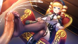 Rule 34 | 1boy, 1girl, baseson, blonde hair, blue eyes, blush, breasts, brown thighhighs, cum, drill hair, ejaculation, feet, footjob, footjob with legwear, from below, hetero, highres, indoors, koihime musou, looking at viewer, military uniform, open mouth, riding crop, sitting, small breasts, sousou (koihime musou), thighhighs, uniform
