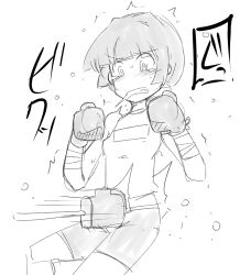 Rule 34 | 1girl, @ @, bandaged arm, bandages, bike shorts, blunt bangs, blush, boxing gloves, breasts, clenched teeth, female focus, greyscale, hands up, have to pee, japanese text, looking down, mechanical arm, mechanical arms, monochrome, motion lines, nobiiru arm, original, punching, shirt, short hair, simple background, single mechanical arm, sketch, sleeveless, sleeveless shirt, small breasts, solo, speech bubble, standing, sweat, t=k, tears, teeth, translation request, trembling, white background