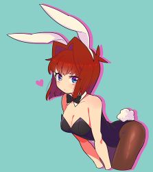 Rule 34 | 1girl, animal ears, aqua background, bare shoulders, blue eyes, blush, breasts, cleavage, commentary request, detached collar, fake animal ears, hair intakes, leaning forward, leotard, looking at viewer, mazaki anzu, medium breasts, mommorua, pantyhose, playboy bunny, rabbit ears, rabbit tail, red hair, short hair, solo, tail, yu-gi-oh!, yu-gi-oh! duel monsters