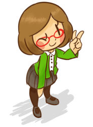 Rule 34 | 1girl, artist request, blush, brown hair, female focus, full body, glasses, looking at viewer, nikki (swapnote), nintendo, one eye closed, skirt, solo, swapnote, v, white background, wink