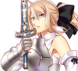 Rule 34 | 1girl, armor, armpits, artoria pendragon (all), artoria pendragon (fate), bare shoulders, blonde hair, blue eyes, bow, caliburn (fate), capcom, fate/stay night, fate/unlimited codes, fate (series), hair bow, murakami yuichi, ponytail, saber (fate), saber lily, simple background, solo, sword, upper body, weapon
