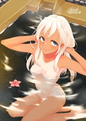 Rule 34 | 1girl, alakoala, areola slip, armpits, arms up, artist name, bath, blue eyes, blush, breasts, closed mouth, collarbone, commentary request, completely nude, dated, flower, hair between eyes, highres, kantai collection, long hair, looking at viewer, medium breasts, navel, nude, one-piece tan, onsen, partially submerged, ro-500 (kancolle), sitting, smile, solo, tan, tanline, water, wet, white hair
