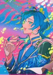 Rule 34 | 1boy, ahoge, bad id, bad pixiv id, birthday, birthday cake, blue background, blue hair, blue jacket, cake, cape, colorful, commentary, dated, ensemble stars!, fingerless gloves, food, gloves, gradient background, green eyes, hand up, haun, highres, jacket, looking at viewer, male focus, open mouth, party popper, pink background, profile, shinkai kanata, shirt, smile, solo, symbol-only commentary, teeth, upper body, upper teeth only, white cape, white gloves, white shirt