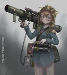 Rule 34 | 1girl, 84x245mm r rcl, absurdres, ammunition, blue dress, blue eyes, carl gustaf recoilless rifle, dress, english text, gloves, green headwear, highres, kill markings, klottinen, long sleeves, looking at viewer, optical sight, original, rocket launcher, scope, serious, solo, tally, tree, weapon, white gloves
