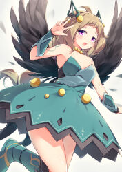 Rule 34 | 1girl, absurdres, ahoge, bare shoulders, blush, breasts, duel monster, feathered wings, hair ornament, highres, hugin the runick wings, kanzakietc, long hair, open mouth, purple eyes, skirt, small breasts, solo, w, wings, yu-gi-oh!
