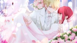 Rule 34 | 1boy, 1girl, arima kana, blonde hair, blue eyes, blush, bob cut, bouquet, bow, bowtie, carrying, closed mouth, commentary, couple, dress, dress shirt, earrings, english commentary, eye contact, feet out of frame, flower, hair between eyes, highres, hoshino aquamarine, inverted bob, jacket, jewelry, lilac10, looking at another, medium hair, open mouth, oshi no ko, petals, princess carry, red eyes, rose, see-through, shirt, short hair, sidelocks, sparkle, star-shaped pupils, star (symbol), strapless, strapless dress, symbol-shaped pupils, tiara, twitter username, upper body, vest, wedding, wedding dress, white bow, white bowtie, white dress, white flower, white jacket, white rose, white shirt, white vest