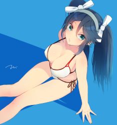 Rule 34 | 10s, 1girl, alternate costume, aqua eyes, bare arms, bare legs, bare shoulders, bikini, black hair, blue background, breasts, cleavage, eyebrows, hair ribbon, highres, isuzu (kancolle), kantai collection, large breasts, long hair, looking at viewer, looking up, ribbon, simple background, sitting, solo, swimsuit, tebi (tbd11), twintails, white bikini
