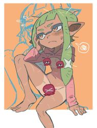Rule 34 | 1girl, annoyed, breasts, censored, highres, holding head, inkling, inkling girl, inkling player character, nintendo, pointy hair, scar, small breasts, splatoon (series), sweater vest, tan, usa go13