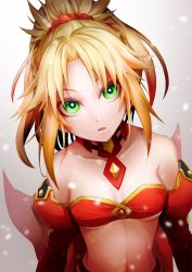 Rule 34 | 1girl, a-saku, blonde hair, bra, braid, breasts, collar, collarbone, commentary request, detached collar, detached sleeves, fate/apocrypha, fate/grand order, fate (series), green eyes, hair ornament, highres, long sleeves, looking at viewer, mordred (fate), mordred (fate/apocrypha), parted bangs, parted lips, ponytail, red bra, red scrunchie, red sleeves, scrunchie, short hair, sleeveless, small breasts, solo, underwear, upper body