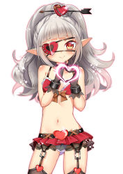 Rule 34 | 1girl, arrow (projectile), bad id, bad pixiv id, belt, bikini, bikini top only, eyepatch, flat chest, garter straps, gloves, hair ornament, heart, heart-shaped pupils, heart hands, long hair, looking at viewer, microskirt, mvv, original, panties, pantyshot, pointy ears, red eyes, silver hair, simple background, skirt, smile, solo, swimsuit, symbol-shaped pupils, thighhighs, underwear, white background