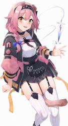 Rule 34 | 1girl, absurdres, animal ears, arknights, between legs, black collar, black hairband, black jacket, black skirt, blue bow, bow, cat ears, cat girl, cat tail, collar, commentary request, feet out of frame, floppy ears, garter straps, goldenglow (arknights), hair bow, hairband, high-waist skirt, highres, id card, infection monitor (arknights), jacket, lightning bolt print, long hair, long sleeves, looking at viewer, multicolored clothes, multicolored jacket, open clothes, open jacket, open mouth, orange eyes, pink hair, pink jacket, print hairband, scissors, shirt, simple background, skirt, smile, solo, tail, tail between legs, thighhighs, two-tone jacket, white background, white shirt, white thighhighs, zhoi star