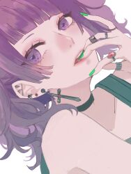 Rule 34 | 1girl, asymmetrical bangs, black choker, blunt bangs, blush, choker, diagonal bangs, dutch angle, ear piercing, earrings, fingernails, green nails, highres, idolmaster, idolmaster shiny colors, jewelry, looking at viewer, messy hair, nail polish, naruse chika, parted lips, piercing, purple eyes, purple hair, ring, simple background, solo, tanaka mamimi, white background