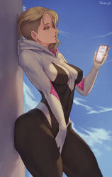 Rule 34 | 1girl, against wall, animification, artist name, ass press, blonde hair, blue eyes, bodysuit, breasts, cellphone, commentary, female masturbation, gwen stacy, highres, hood, hooded bodysuit, marvel, masturbation, masturbation through clothes, medium breasts, phone, shexyo, smartphone, solo, spider-gwen, spider-man: into the spider-verse, spider-man (series), spider-verse, standing, thighs, undercut