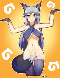Rule 34 | 10s, 1girl, ?, alternate costume, animal ears, armpits, arms up, bare arms, bare shoulders, black gloves, black thighhighs, blush, bottomless, breasts, censored, collarbone, criss-cross halter, derivative work, fox ears, fox tail, gloves, halterneck, highres, japari symbol, kemono friends, leg up, long hair, medium breasts, myumi, navel, open mouth, orange background, outline, silver fox (kemono friends), silver hair, sleeveless, solo, standing, standing on one leg, stomach, straight hair, tail, tail censor, thighhighs, twitter username, underboob, very long hair, white outline, yellow eyes