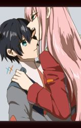 Rule 34 | 10s, 1boy, 1girl, black hair, blue eyes, couple, darling in the franxx, green eyes, hair ornament, hairband, hand on another&#039;s shoulder, hiro (darling in the franxx), horns, lips, long hair, military, military uniform, necktie, oni horns, pink hair, red horns, red neckwear, satou (mikanziro), short hair, uniform, white hairband, zero two (darling in the franxx)