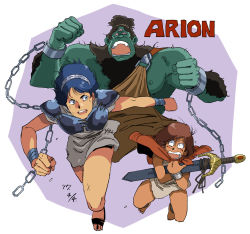 Rule 34 | arion, arion (character), armor, brown hair, chain, character name, copyright name, geedo, monster, seneka goe, sword, toga, weapon, zigharii