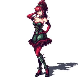 Rule 34 | 1girl, bare shoulders, breasts, dress, earrings, elbow gloves, full body, gloves, green dress, green eyes, hand in own hair, hand on own hip, high heels, high ponytail, jewelry, large breasts, lipstick, makeup, mole, mole under mouth, original, pixel art, red gloves, red hair, red lips, shadow, sidelocks, smile, solo, strapless, strapless dress, thighhighs, thomas feichtmeir, transparent background, zettai ryouiki