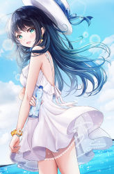 Rule 34 | 1girl, :d, aqua eyes, bare shoulders, black hair, blue hair, blue ribbon, blue sky, blush, bottle, breasts, cowboy shot, day, dress, earrings, frilled dress, frills, from side, gradient hair, hat, hat ornament, hat ribbon, highres, holding, holding bottle, jewelry, kottungyang, lens flare, looking at viewer, looking to the side, medium breasts, multicolored hair, ocean, open mouth, original, outdoors, ribbon, scrunchie, see-through, skirt hold, sky, sleeveless, sleeveless dress, smile, sparkle, sun hat, sundress, water, white dress, white headwear, wrist scrunchie