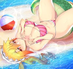 Rule 34 | 1girl, ball, bare arms, beachball, bikini, blonde hair, breasts, cameltoe, cleavage, cleft of venus, closed mouth, collarbone, covered erect nipples, darkmoney, gradient hair, highres, kobayashi-san chi no maidragon, large breasts, long hair, lying, maid headdress, monster girl, multicolored hair, navel, on back, orange hair, outdoors, pink bikini, red eyes, sand, smile, solo, striped bikini, striped clothes, swimsuit, tail, tohru (maidragon), twintails, two-tone hair, water
