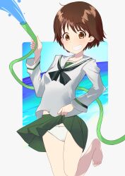 Rule 34 | 1girl, absurdres, barefoot, black neckerchief, blouse, bow, bow panties, brown eyes, brown hair, clothes lift, commentary request, cowboy shot, girls und panzer, green skirt, grin, highres, holding, holding hose, hose, isobe noriko, leg up, lifting own clothes, long sleeves, looking at viewer, midriff peek, miniskirt, neckerchief, ooarai school uniform, panties, partial commentary, pleated skirt, sailor collar, school uniform, serafuku, shirt, short hair, skirt, skirt lift, smile, solo, spraying, standing, standing on one leg, underwear, water, white panties, white sailor collar, white shirt, whitemaiden