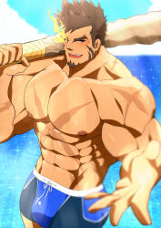 Rule 34 | 1boy, abs, bara, beach, beckoning, blue male swimwear, brown hair, bulge, carrying over shoulder, come hither, cowboy shot, cross scar, dark-skinned male, dark skin, facial hair, flaming eye, goatee, heracles (housamo), karakuraax, large pectorals, looking at viewer, male focus, male swimwear, mature male, muscular, muscular male, mutton chops, navel, nipples, outstretched hand, over shoulder, pectorals, reaching, reaching towards viewer, scar, scar on chest, short hair, sideburns, smile, solo, sparkle background, stomach, swim briefs, thick eyebrows, tokyo houkago summoners, v-taper, weapon, weapon over shoulder