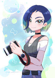Rule 34 | 1girl, absurdres, belt, black belt, black choker, blue hair, blue pants, blush, brown eyes, camera, choker, closed mouth, collarbone, commentary request, creatures (company), eyelashes, game freak, green hair, grey vest, highres, holding, holding camera, looking at viewer, multicolored hair, nintendo, off-shoulder shirt, off shoulder, pants, perrin (pokemon), pokemon, pokemon sv, saki pokeoekaki, shirt, short hair, smile, solo, vest, watch, white shirt, wristwatch