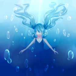 Rule 34 | 1girl, artist request, blue hair, blue theme, breasts, bubble, cleavage, hatsune miku, long hair, no eyes, outstretched arms, shinkai shoujo (vocaloid), sketch, small breasts, solo, submerged, underwater, vocaloid