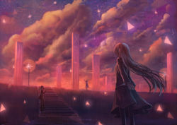 Rule 34 | 3girls, arms behind back, breasts, cloud, cloudy sky, column, commentary request, dress, fantasy, long hair, magic, medium breasts, monolith (object), multiple girls, night, night sky, original, outdoors, pillar, pointing, pointing up, ponytail, sakimori (hououbds), skirt, sky, stairs, standing, star (sky), starry sky