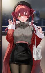 Rule 34 | 1girl, bag, beer can, black nails, black skirt, breasts, breath, can, casual, coat, cropped sweater, doorway, drink can, fur-trimmed coat, fur trim, hands up, heart, heart necklace, hetero, heterochromia, highres, holding, holding bag, hololive, houshou marine, jewelry, large breasts, necklace, night, night sky, pantyhose, red coat, red eyes, red hair, satoupote, shopping bag, skirt, sky, smile, solo, sweater, trench coat, turtleneck, turtleneck sweater, twintails, virtual youtuber, waving, yellow eyes