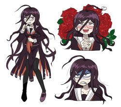 Rule 34 | 1girl, :d, ahoge, black thighhighs, breast pocket, clenched teeth, collarbone, danganronpa: trigger happy havoc, danganronpa (series), flower, fukawa toko, full body, furukawa (yomawari), genocider shou, glasses, hair ornament, hairclip, heart, heart ahoge, highres, long hair, long skirt, long sleeves, looking at viewer, messy hair, mole, mole under mouth, multiple views, neckerchief, open mouth, own hands clasped, own hands together, pocket, red eyes, red flower, red rose, rose, round eyewear, sailor collar, school uniform, serafuku, shaded face, shoes, simple background, skirt, smile, standing, teeth, thighhighs, tongue, torn clothes, torn skirt, upper body, very long hair, white background