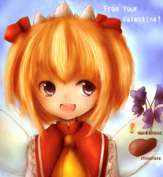 Rule 34 | 1girl, amano jack, ascot, bad id, bad pixiv id, bow, chocolate, female focus, flower, gradient background, hair bow, orange hair, plant, purple eyes, ranguage, short hair, smile, solo, sunny milk, touhou, twintails, upper body, wings