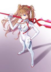 Rule 34 | 1girl, artist request, blue eyes, bodysuit, breasts, brown hair, covered navel, curvy, evangelion: 3.0+1.0 thrice upon a time, hair ornament, hand on own hip, heterochromia, highres, holding, holding weapon, lance of longinus (evangelion), long hair, medium breasts, neon genesis evangelion, plugsuit, polearm, rebuild of evangelion, skin tight, solo, souryuu asuka langley, standing, twintails, two side up, very long hair, weapon
