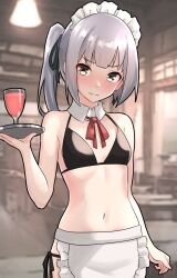 Rule 34 | 1girl, alternate costume, apron, bikini, black bikini, blunt bangs, breasts, brown eyes, commentary request, dated, detached collar, enmaided, furaggu (frag 0416), grey hair, highres, kantai collection, kasumi (kancolle), long hair, maid, maid bikini, maid headdress, navel, neck ribbon, one-hour drawing challenge, photo background, red ribbon, ribbon, side-tie bikini bottom, side ponytail, small breasts, solo, swimsuit, twitter username, unconventional maid, waist apron, white apron