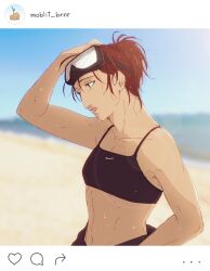 Rule 34 | 1girl, aquiline nose, beach, blurry, breasts, brown eyes, brown hair, commentary, contemporary, depth of field, goggles, goggles on head, hand on own head, hange zoe, hanpetos, instagram, lens flare, midriff, ocean, ponytail, shingeki no kyojin, small breasts, solo, sports bra, sunlight, upper body