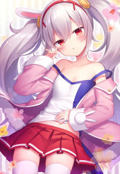Rule 34 | 1girl, amane kurumi, animal ears, azur lane, blush, camisole, collarbone, commentary request, cowboy shot, hair between eyes, hair ornament, hairband, head tilt, jacket, laffey (azur lane), long hair, long sleeves, looking at viewer, off shoulder, open clothes, open jacket, parted lips, pink jacket, pleated skirt, rabbit ears, red eyes, red hairband, red skirt, silver hair, skirt, solo, strap slip, thighhighs, twintails, very long hair, white camisole, white thighhighs