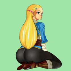 Rule 34 | 1girl, artist request, ass, blonde hair, boots, from behind, green background, green eyes, hair ornament, hairclip, highres, huge ass, kneeling, long hair, nintendo, pants, pointy ears, princess zelda, shiny clothes, shirt, simple background, solo, the legend of zelda, the legend of zelda: breath of the wild, tight clothes, tight pants, very long hair