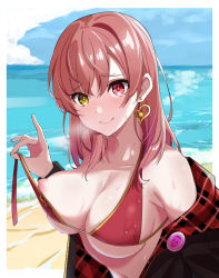 Rule 34 | 1girl, absurdres, badge, beach, bikini, breasts, breath, button badge, cleavage, collarbone, earrings, fuchi (fuchi 1106), heart, heart earrings, heterochromia, highres, hololive, houshou marine, houshou marine (summer), jacket, jewelry, looking at viewer, medium breasts, navel, nipple slip, nipples, ocean, off shoulder, official alternate costume, parted lips, red eyes, red hair, sand, smile, solo, straight hair, sweat, swimsuit, untied bikini, untying, upper body, virtual youtuber, water, wet, wet clothes, wet swimsuit, yellow eyes