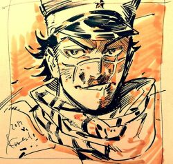Rule 34 | 1boy, bad id, bad tumblr id, close-up, commentary, dated, english commentary, golden kamuy, hat, kotteri, looking to the side, male focus, scar, scar on face, scarf, short hair, sideburns, solo, sugimoto saichi, v-shaped eyebrows