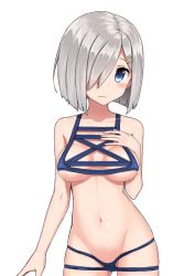 Rule 34 | 10s, 1girl, azu (azusayumix), blue eyes, blush, breasts, collarbone, commentary request, cowboy shot, hair ornament, hair over one eye, hairclip, hamakaze (kancolle), hand on own chest, jpeg artifacts, kantai collection, looking at viewer, medium breasts, meme attire, navel, nontraditional school swimsuit, rei no mizugi, school swimsuit, short hair, silver hair, simple background, solo, swimsuit, tareme, wavy mouth, white background